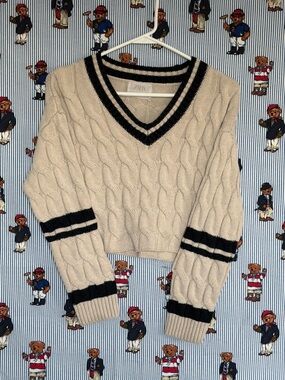 Zara Cream Cable-Knit V-Neck Sweater with Black Stripe Trim